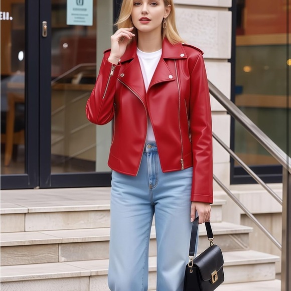 Women's Red faux Leather Jacket blazer motorcycle zip front - Picture 4 of 5